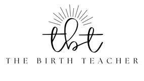 Logo for 'The Birth Teacher' with stylized text and sunburst design on a white background