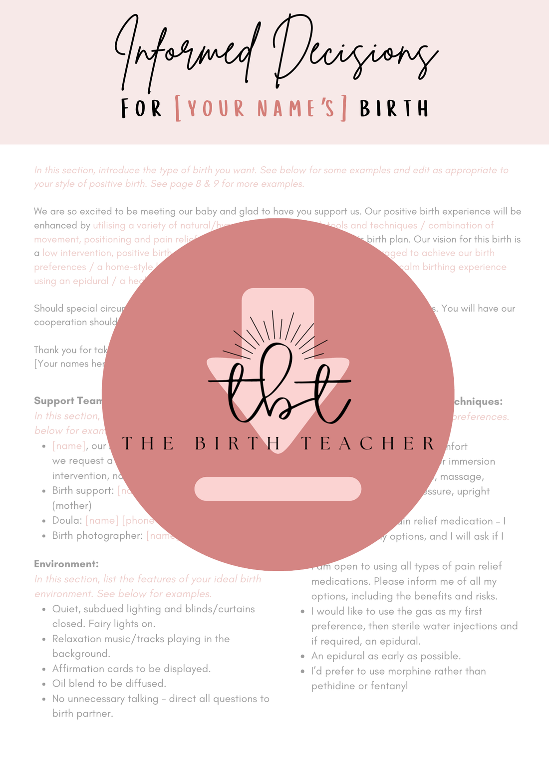 Informed Decisions Birth Plan Template