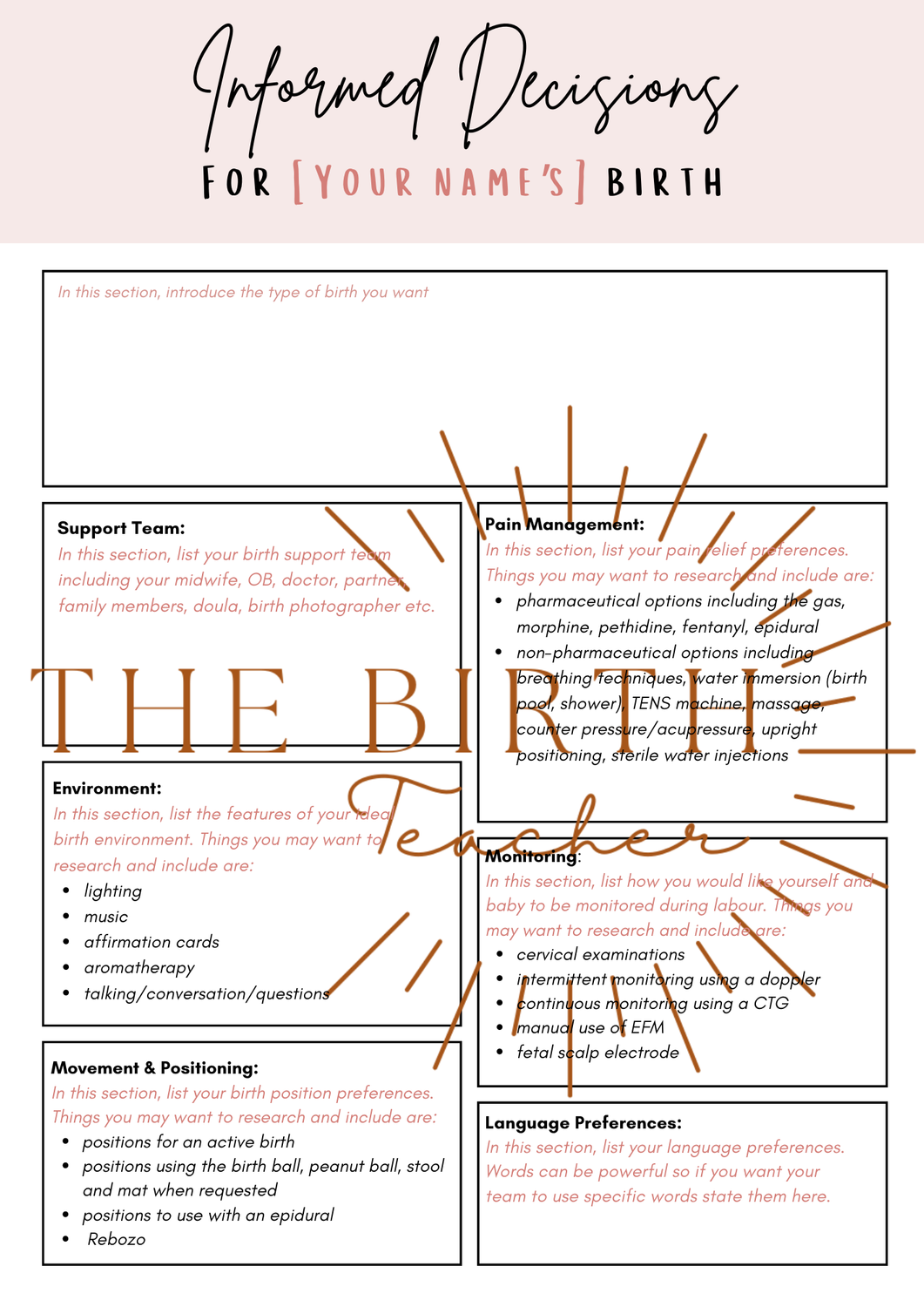 Birth plan form with sections for support team, pain management, environment, movement, and language preferences.