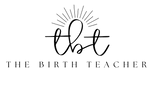 Logo for 'The Birth Teacher' with stylized text and sunburst design on a white background