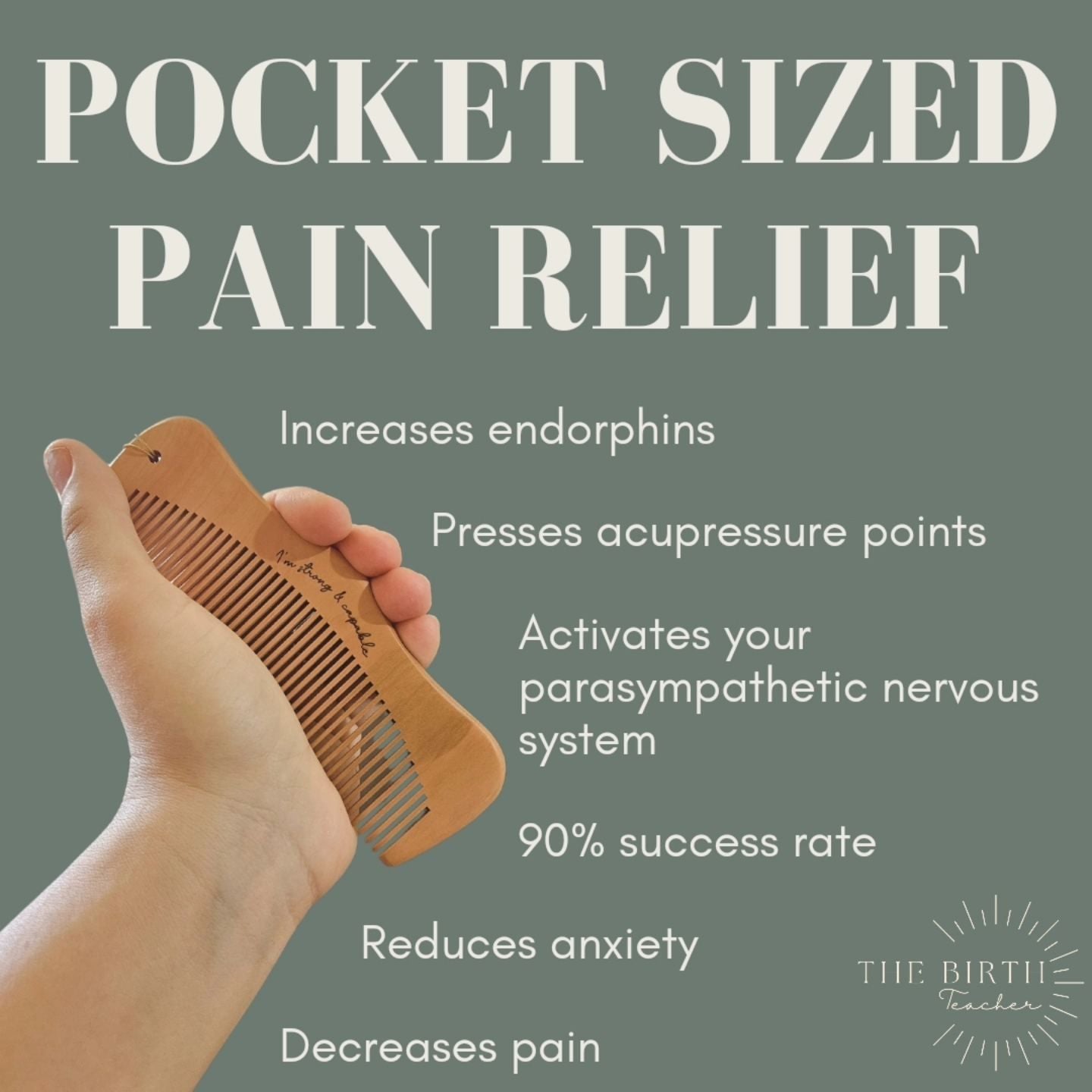 Wooden birth comb held in a hand with text about pocket-sized pain relief on a gray background