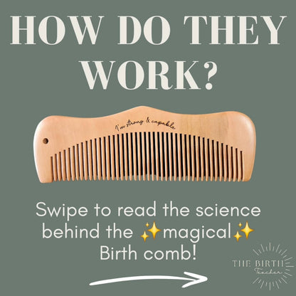 Wooden birth comb with text on a green background