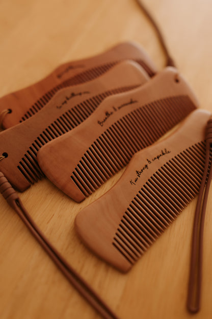 Natural wooden birth combs by The Birth Teacher, featuring affirmations to support labor, available Australia-wide and locally in Emerald QLD